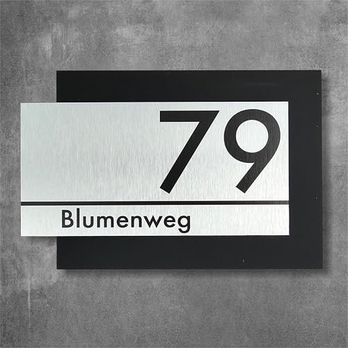 Hausnummernschild HOME von EDS-Werbemedien - Hochwertiges Hausnummer Schild in Edelstahl-Design - Individuell personalisierbares Haus Nummernschild aus UV- und witterungsbeständigem Material