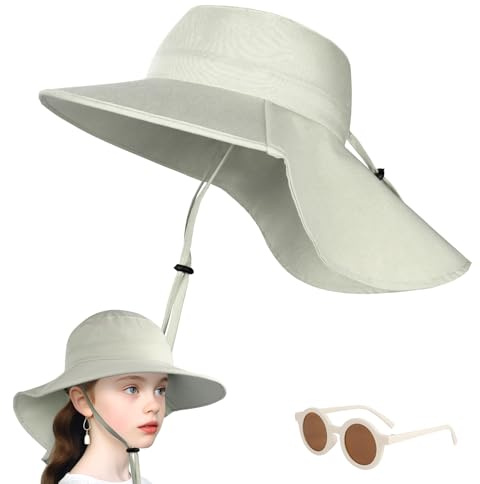 DiULi Solhatt barn, fiskarhatt för pojkar, flickor, justerbar bucket solhatt, baby solskyddsmössa, vindtät, nackskyddskeps för flickor, Grå – grå, one size