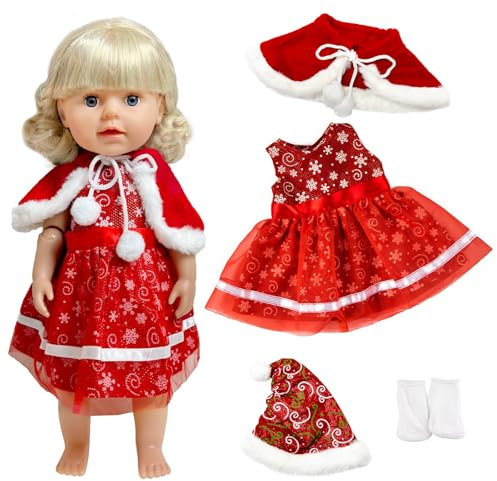 4 Pcs Baby Doll Clothes for 14-18 inch Baby Dolls 35-45cm New Christmas Baby Doll Clothes, Sweet Baby Doll Outfits Dress Cape Hat Socks, Christmas/Festival/Birthday Gifts for Girls/Boys