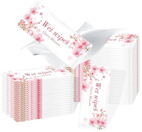 50 panni rinfrescanti, carta igienica umida confezionata singolarmente, salviettine umidificate confezionate singolarmente, delicate sulla pelle, ideali per viaggi, ufficio e viaggi, fiori di ciliegio