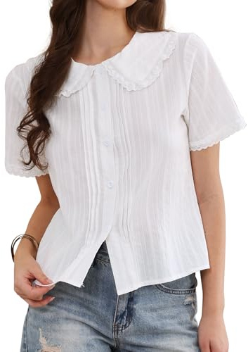 Allegra K Camicie a Maniche Corte da Donna con Volant Colletto alla Peter Pan Camicetta in Cotone con Bottoni Top Casual Estivi Bianca L