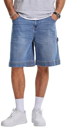 JMIERR Mens Denim Shorts Relaxed Fit Cotton Stretch Jorts Vintage Carpenter Shorts Wide Leg Hip Hop Summer Vacation Casual Shorts with Hammer Loop & Pockets, Dusk Blue, 34