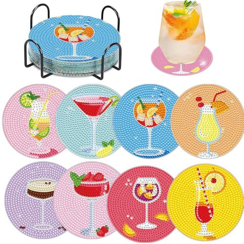 Bafutayawa Diamond Painting Sottobicchieri, DIY Cocktail Diamond Art Coasters Kit, Set di 8 Pezzi con Supporto, Set Creativo per Adulti, Sottobicchieri per Bevande per Decorazione Casa