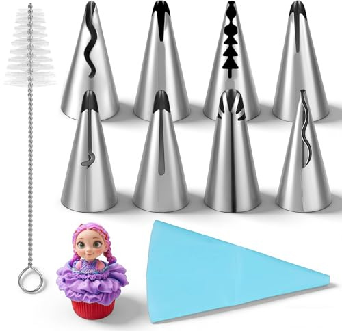 10-delars set med munstycken för veckade kjolar, rostfria tyllar, volangspritspåse med rengöringsborste för bakverk, fondant, kex, cupcakes och tårtdekoration