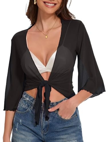 Lodnrimya Shrugs for Women Tie Front Short Cardigans Summer Cropped Bolero Sheer Shrug Cardigan (A-Black, S)