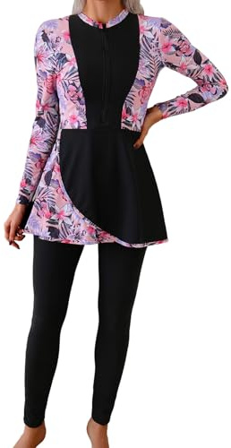 ABEHIK Fashion Modest Burkini for Women, Long Sleeve Muslim Swimwear with Skirted Hem, 2 Piece Swimming Costume for Beach Pink L