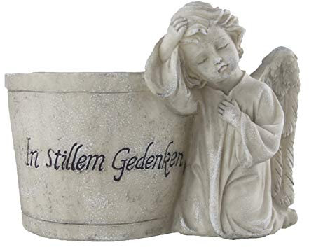 Bambelaa! Grabdeko Blumentopf Engel Pflanztopf Inschrift Steinharz Grau Ca. 18 x 11 x 13 cm Wetterfest Deko für Friedhof Gedenkstein