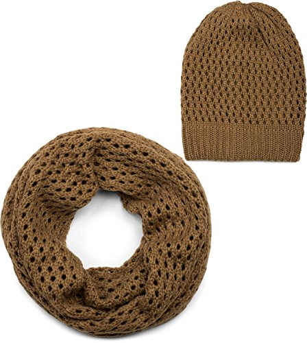 styleBREAKER stickad Loop halsduk och mössa set, hål mönster stickad sjal med mössa stickad mössa, vinter, unisex 01018210