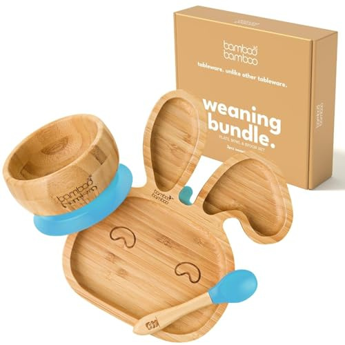 bamboo bamboo Set De Sevrage Assiette Bébé & Bol Bébé En Bambou, Assiette Et Bol À Ventouse Pour Repas Et Sevrage, Assiette Lapin, Bol Enfant & Cuillère Bébé, Dès 6 Mois (Lapin, Bleu)