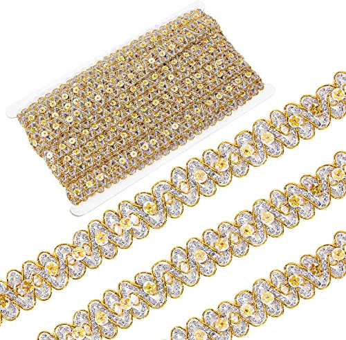 GORGECRAFT 14.2Yd Tela de Encaje Dorado Costura Bordado Cinta de Lentejuelas Ondulado Paillette Adornos de Encaje Flor Brillante Adorno de Encaje Metálico Brillo Trenza Adorno para Coser Navidad