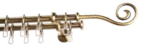 Garesa Gardinenstange Esperanca Ø 16mm, 2-läufig, Messing, antik I Rustikale Vorhangstange inkl. Ringe + Faltenlegehaken I Mit Endknopf Spirale I Wandmontage I 240cm