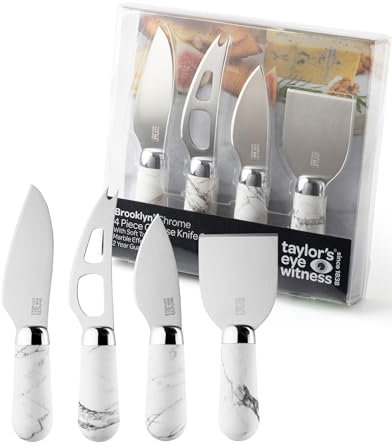 4 Piece Cheese Knife Set - Stainless Steel with Stylish Chrome Bolster. Comfort Soft Touch White Marble Effect Handles, 2 Year Guarantee - Perfect for Hard, Soft, Parmesan Cheese. Giftable Set
