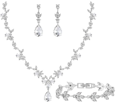 Paxuan Bridal Wedding Elegant Floral Jewelry Set for Women/Brides/Bridesmaids Crystal Jewelry Set for Wedding Prom Party Bridal Crystal Necklace Earrings Bracelet Set (White (Silver))