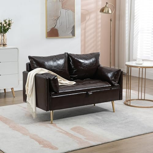 [en.casa] Sofá de 2 Plazas con Almacenaje Sofá Tapizado con 4 Cojines y Reposabrazos Cuero Sintético Madera Contrachapada 72 x 122 x 65 cm - Marrón Moca Oscuro Dorado