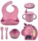 Babelyous Coffret Repas Bebe Fille Licorne en Silicone Rose, Inclut Set de Table, Bol avec Ventouse, Couverts et Bavoir Ajustable - Coffrets Repas Pour Bébé sans BPA