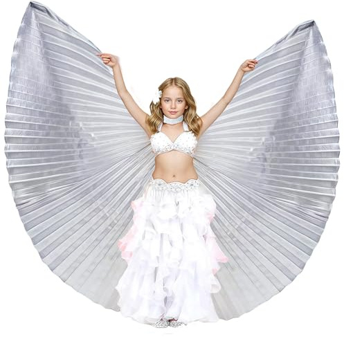 Baisdan Ali di Danza del Ventre per Bambini, Ali di Iside, Ali di Farfalla con Asta Telescopica per Danza del Ventre, Carnevale, Palcoscenico, Festa di Natale Argento