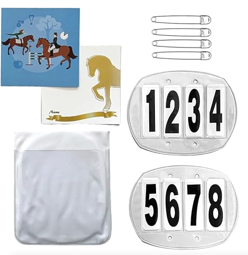 JA Horse Lot de 2 numéros de dossard à 3 chiffres à 4 chiffres - Numéros de tête de tournoi - Avec épingles à nourrice - Bande élastique (4 chiffres, épingles à nourrice)