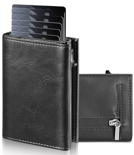 UNOSEKS Geldbörse Herren Slim Wallet Herren mit Münzfach und RFID-Schutz - Schwarze Trifold Portemonnaie für 8-10 Karten (Leather)