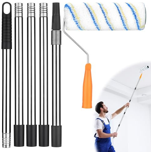 JIZZU Rodillo Pintura Pared Versión Ampliada, Rodillo Pintura con 2m Barra Telescópica, Rodillos para Pintar Paredes y Barra de Acero Inoxidable Desmontable(Rodillo de pintura Φ6 * 21.5 cm)