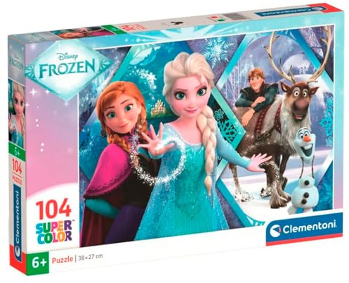 Clementoni - Puzzle per Bambini 104 Pezzi Supercolor, per Bambini 6+ Anni, Illustrazione con Personaggi dal Cartone Disney Frozen, Idea Regalo, Made in Italy, 38x27 cm, 25045