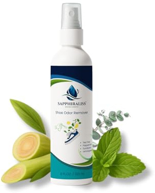 Sapphiraliss Natural Shoe Freshener Spray - 4oz (120ml) Water-Based Mist with Eucalyptus, Peppermint, Tea Tree & Lemongrass - Quick Acting Odor Neutralizer for Shoes, Gym Bags