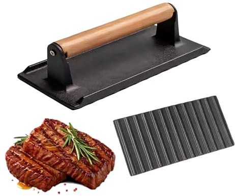 Prensa de Bacon | con Machacador de Hierro y Mango de Madera - Prensa Antiadherente para Hamburguesas Aplastadas en Parrilla - para Tortilla, Plancha, Cocina, Parrilla, BBQ, Exterior y Camping