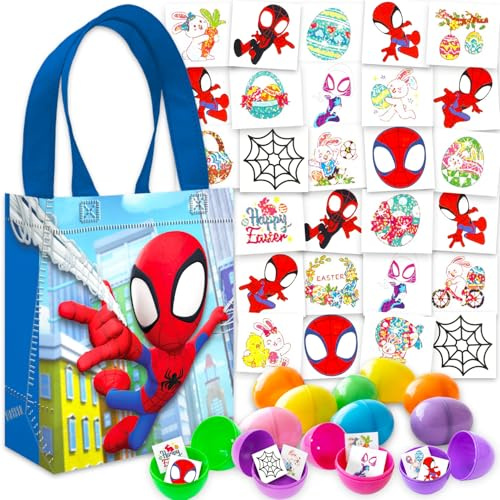 Marvel Spidey and His Amazing Friends Fournitures de chasse aux œufs de Pâques – Lot de 12 œufs de Pâques en plastique à remplir, 70 tatouages, plus de 45 tatouages de printemps, mini sac panier |