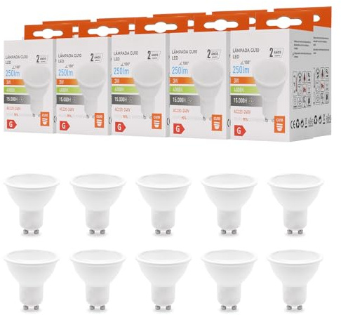 Maxled, Light is Led! 10 Pack GU10 LED Varmvit Lampa 4000K Dagsljusvit Glödlampor 3W Ersätter 22,5W Halogenlampor Strålvinkel 100° Strålvinkel Ej Dimbar Spotlight Led Lampor AC 230V 250LM