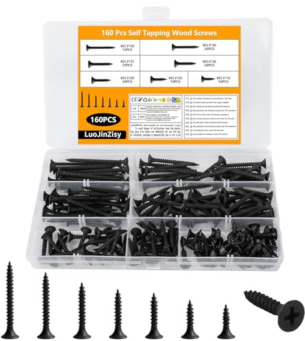 160 PzViti per Legno M3.5, Assortimento di Viti Autofilettanti Nere, Set di Viti a Testa Svasata Piatta per Legno, Cartongesso, Mobili e Riparazioni fai da te