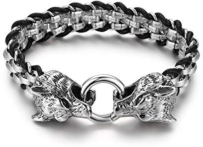 Herren Armband Leder Edelstahl Armband Schwarz Silber, Dopplte Wolf Köpfe Geflochten Lederarmband Armreifen