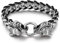 Herren Armband Leder Edelstahl Armband Schwarz Silber, Dopplte Wolf Köpfe Geflochten Lederarmband Armreifen