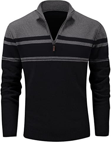 MAGCOMSEN Herren Stehkragen Strickpullover Winter Herbst Pulli Freizeit Thermopullover Herren Warme Fleece Langarmshirt Baumwolle Slim Fit Sweater mit Mock Neck Schwarz-Dunkelgrau XL