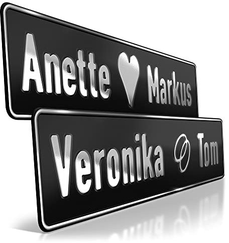 schildEVO 1 Hochzeit Autoschild Schwarz Matt | Chrom Silberprägung Wunschtext | Herz & Ringe | Aluminium Hochzeitsschild | Hochzeitsauto Kennzeichen | Just Married | grod gheirat