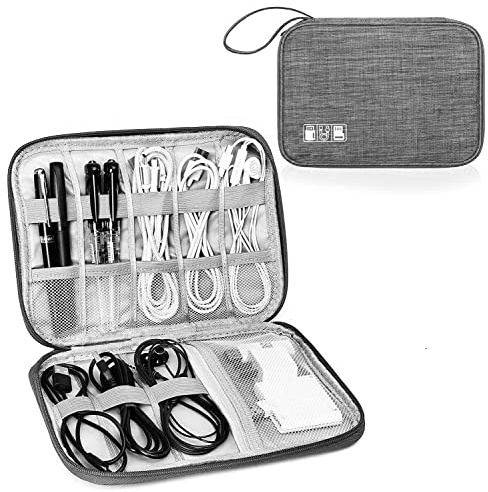 Woodland Leathers cable bag and cable organiser bag is a travel essentials electronics travel organizer for Chargers, Cables, USB Drive, SD Card, power bank and Hard Disk with Handle (Grey)