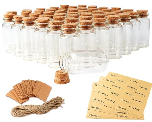 Fayavoo Lot de 48 bouteilles en verre de 25 ml avec bouchon en liège, mini bouteilles en verre avec étiquettes et ficelle, fête prénatale, cadeaux pour invités