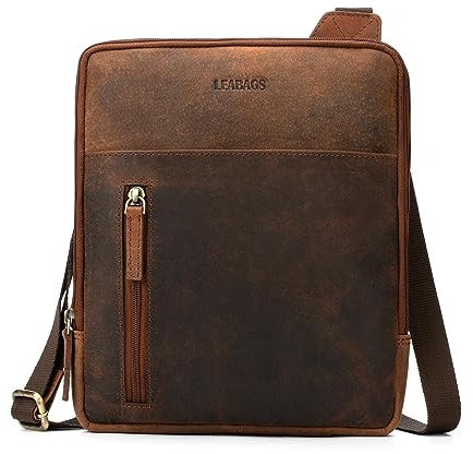 LEABAGS Messenger Bag Kalkutta, Echtleder Umhängetasche Herren, Leder Tablettasche Männertasche mit Schultergurt, Leder handgefertigt Herren Ledertasche für Arbeit Reise Alltagsleben