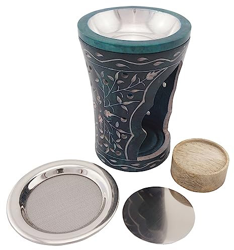 Duftlampe & Räucherstövchen aus indischem Speckstein – Design „Nana” – mit Schale, Edelstahlsieb, Metallscheibe & Podest – H 11 cm