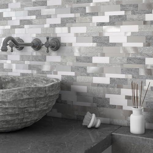 BeNice 3D Brick Tile Stickers Peel and Stick Wall Tiles Stone Effect Textured,Self-Adhesive Mosaic Subway Tiles Waterproof(Rustic Grey,10sheets)