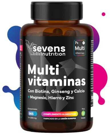 Multivitaminas y Minerales con Ginseng - 1 año de suministro - Vitaminas para el Cansancio - 365 comprimidos - Multivitaminas Completo con Biotina, Hierro, Magnesio, Zinc y Vitaminas B, D3, K - Sevens