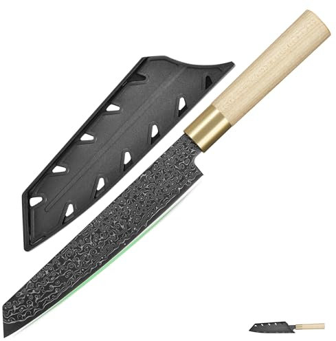FULLHI Coltello giapponese in acciaio damasco nero con fodero, lama forgiata a mano manico in legno Gyutou sashimi Coltello da cucina con scatola per uomo donna regalo (Sushi)
