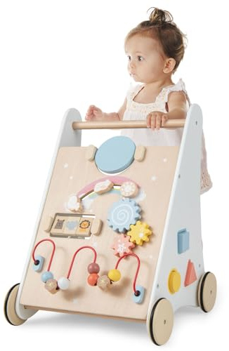 Fantasks 7 i 1 gåhjälpmedel av trä, vagnar för glidning med förvaringslåda i vitt, gåvagn med lekbräda, speglar och byggklossar, gåstol baby från 1 år