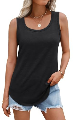 DUOEASE Debardeur Femme Noire 2025 Ample Col Rond Basic Cotelee Hauts Mode Top sans Manches ete-Noir-XL