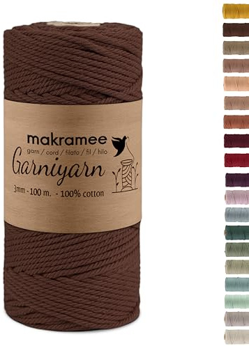 GARNIYARN Filato per Macramè in Cotone 100%, Spessore 3mm, 100 Metri, Cordoncino per Arazzi, Appendini per Piante, Lavori a Maglia e Fai da Te, Marrone
