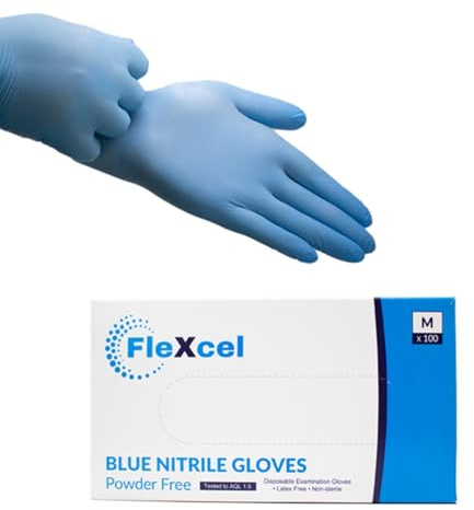FleXcel Blue Nitrile Gloves (Box of 100) Size Medium - Multipurpose Powder Free, Latex Free, Medical Grade, Food Safe Examination Gloves - AQL 1.5 PPE Regulation 2016/425 Category III Certified