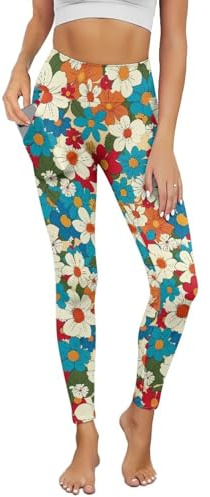 POLERO Damleggings, långa yogabyxor, träning, magkontroll, träningskläder, leggings med fickor, Hippie blommönster, L