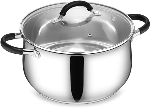 E-far Stainless Steel Stock Pot, 8 Quart Large Cooking Pot with Glass Lid for Boiling Pasta Soup Sauce, Tri-Ply Induction Thick Base for All Stoves, Cool-Touch Handles & Dishwasher Safe