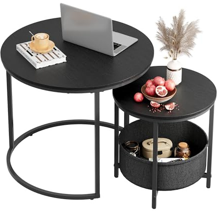 WLIVE Couchtisch Rund mit Stauraum, Beistelltisch Set Schwarz mit Metallrahmen, Wohnzimmertisch klein mit Holzplatte, Nachttisch für Wohnzimmer, Balkon und Büro, Schwarz