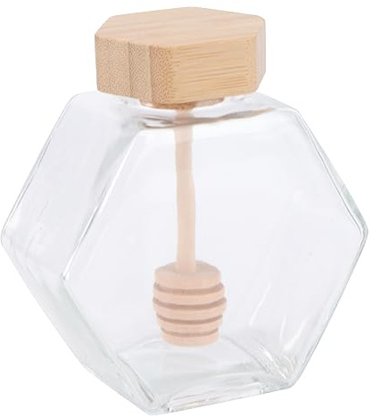 HIAKDOFT Tarro de Vidrio Transparente para Miel con Tapa de Madera y Cucharilla de Diseño Frasco Ecológico para Cocina Dispensador Práctico y Duradero para Conservar Miel Reutilizable