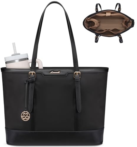 LOVEVOOK Work Tote Bag for Women 15.6 Inch Laptop Computer Bags with Cup Holder, Large Teacher Bag Briefcase for Business Office Travel Black, Nylon&PU