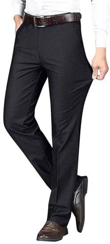 Pantalones de vestir ajustados para hombre, tela elástica con parte delantera plana, cintura elástica, adecuados para oficina, ocasiones formales y de negocios, Negro, L